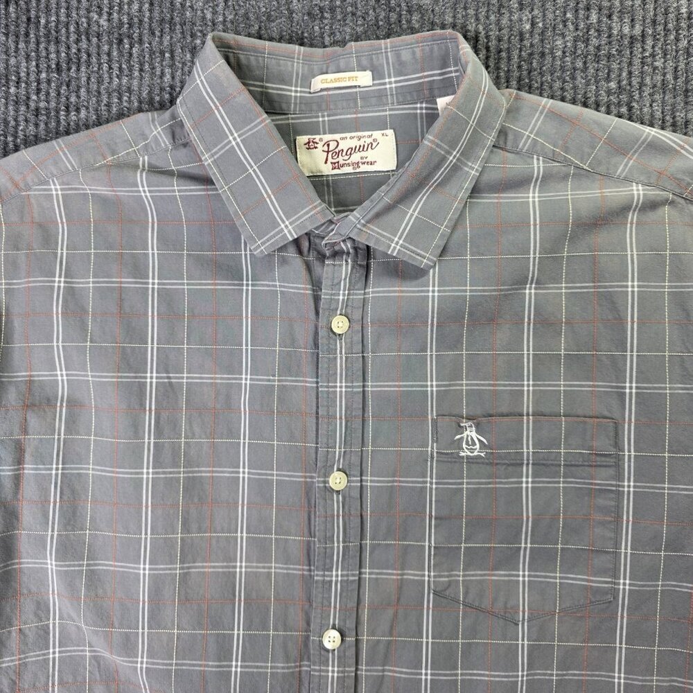 Penguin Munsingwear Shirt Mens XL Gray White Plaid Windowpane Preppy Casual VTG